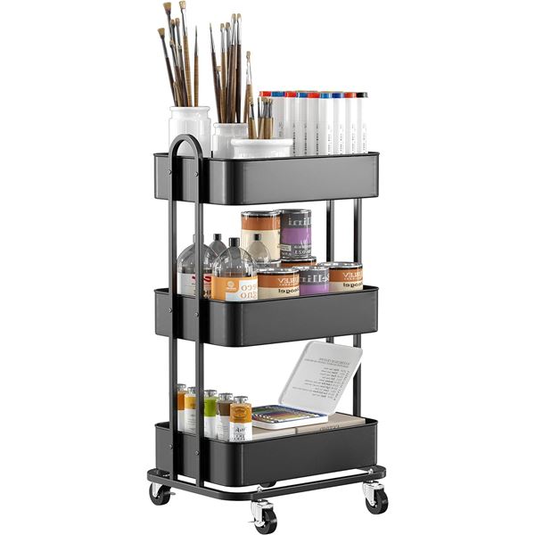 1 Ceeyall 3-Tier Metal Rolling Storage Cart/Utility Cart - Black; New/No Box (Assembly Req'd)