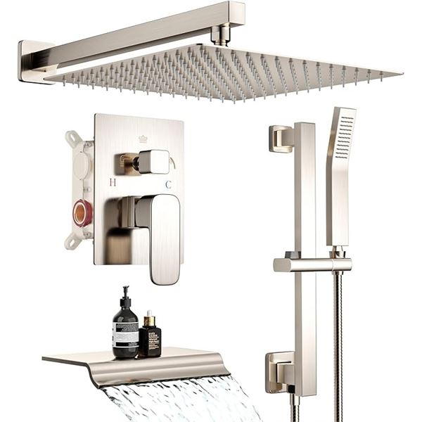 1 Nerdon 12-Inch Shower System - Wall-Mounted High-Pressure Rain Shower Head; Brushed Nickel - NEW!