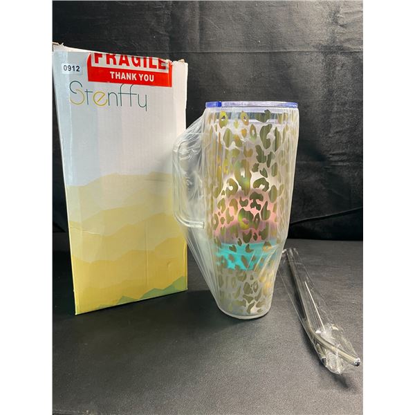 1 Stenffy 40z Glass Tumbler with Straw (Golden Leopard Print Design) - New