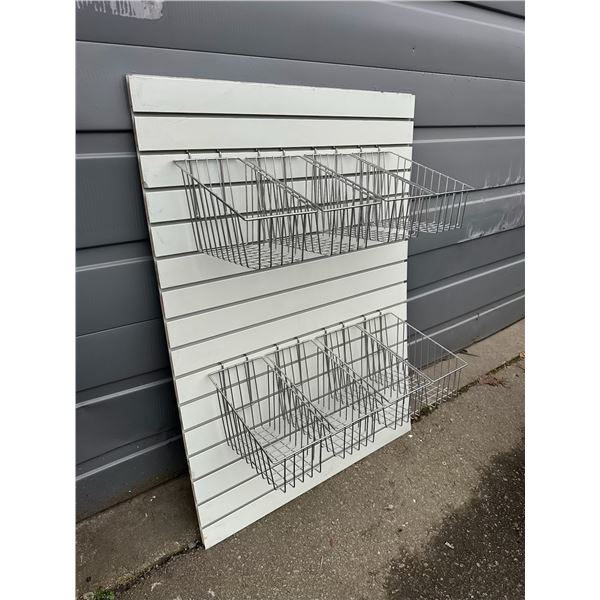 Lot of 8 Metal Mesh Baskets and Slat Wall Sheet (Wall Sheet Size: 48" x 34.5")