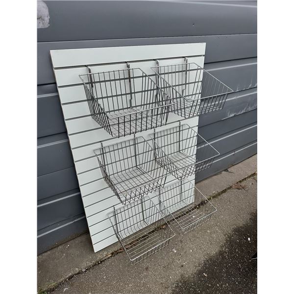 Lot of 6 Metal Mesh Baskets and Slat Wall Sheet (Wall Sheet Size: 48" x 34.5")