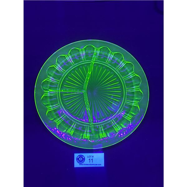 Vintage 10" Diam. Uranium Glass 3 Section Condiment Dish.