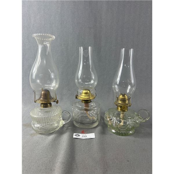 Lot of 3 Vintage Clear Glass  Oil Lamps with Chimneys 2 are Fingerling