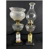 Image 1 : Lot of 2 Antique Hurricane Lamps with Etched Glass Designs & Porcelain Bases. 1 Base Broken, Please 