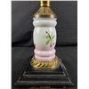 Image 3 : Lot of 2 Antique Hurricane Lamps with Etched Glass Designs & Porcelain Bases. 1 Base Broken, Please 