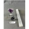 Image 1 : Purple Amethyst On Stand, 11" Selenite Wand, and an Orthoceras Fossil