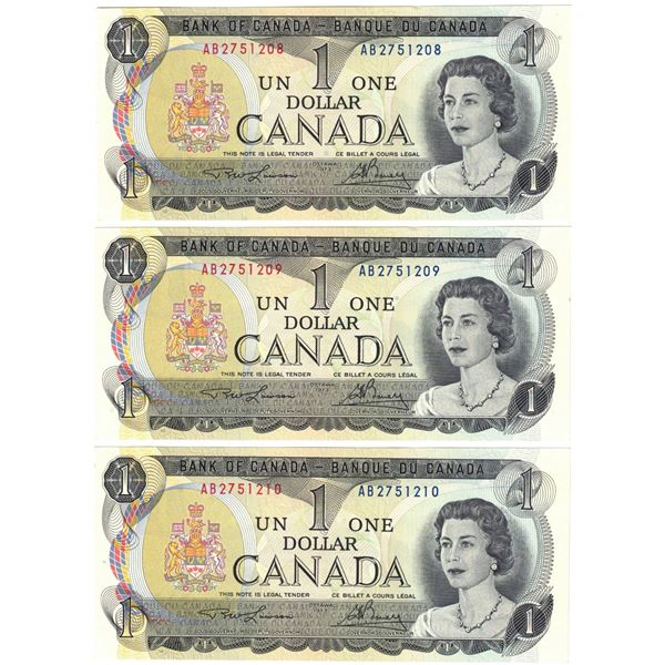 1973 Canada $1. Notes, 3 Consecutive Number, Unc Notes
