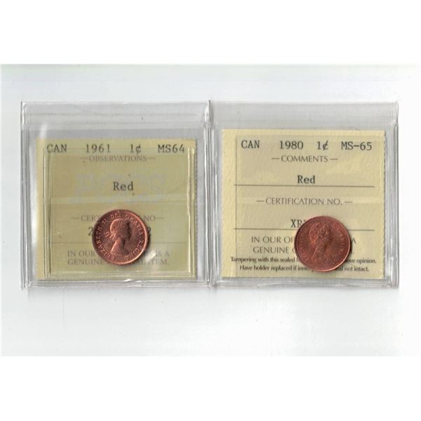 PCCS 1961 1¢ MS64, ICCS 1980 1¢ MS65  Professional Coin Certification System