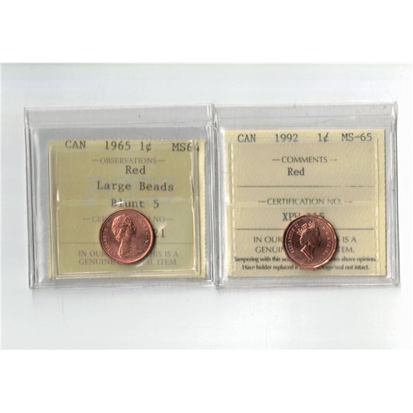 PCCS 1965 1¢ MS64 LrgBds B5, ICCS 1992 Canada 1¢ MS65 Professional Coin Certification System
