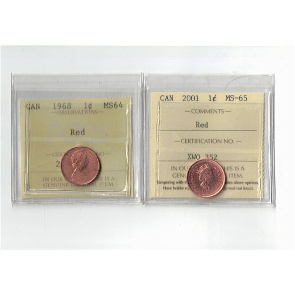 PCCS 1968 Canada 1¢ MS64, ICCS 2001 Canada 1¢ MS65 Professional Coin Certification System