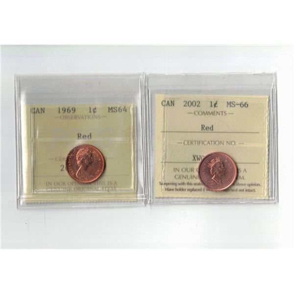PCCS 1969 Canada 1¢ MS64, ICCS 2002 Canada 1¢ MS66 Professional Coin Certification System