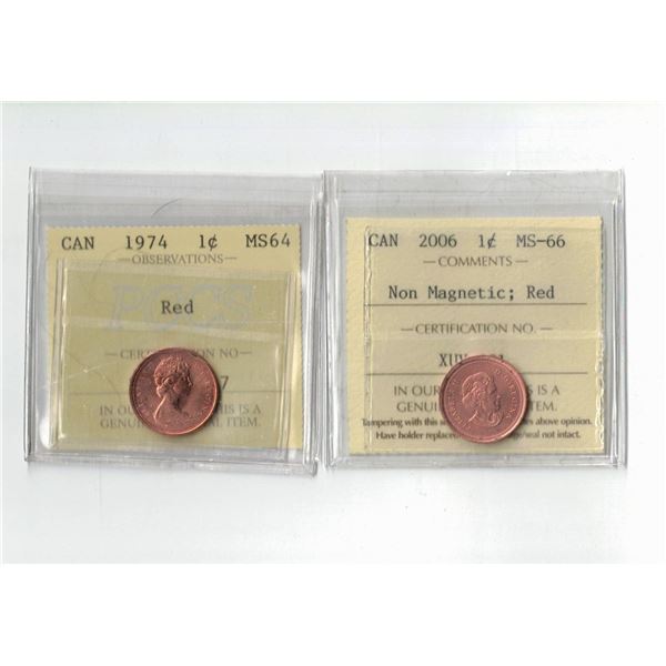 PCCS 1974 1¢ MS64, ICCS 2006 1¢ MS66  Professional Coin Certification System