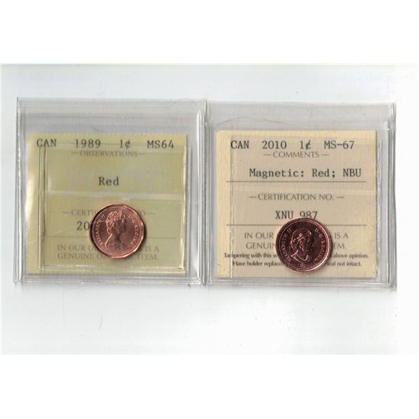 PCCS 1989 1¢ MS64, ICCS 2010 1¢ MS67  Professional Coin Certification System