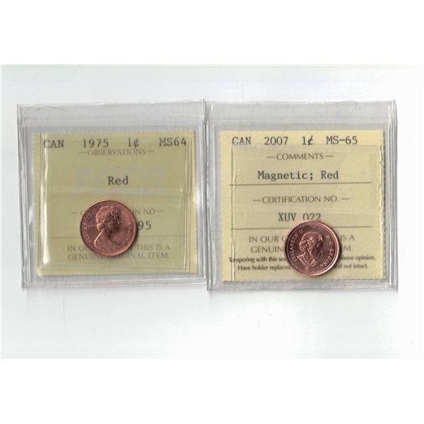 PCCS 1975 1¢ MS64, ICCS 2007 1¢ MS65  Professional Coin Certification System