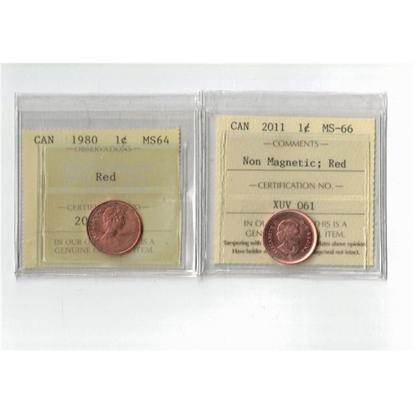 ICCS 2011 1¢ MS66 NON Magnetic, PCCS 1979 1¢ MS64, Professional Coin Certification System