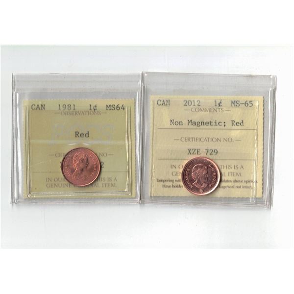 ICCS 2012 1¢ MS65, PCCS 1981 1¢ MS64, Professional Coin Certification System