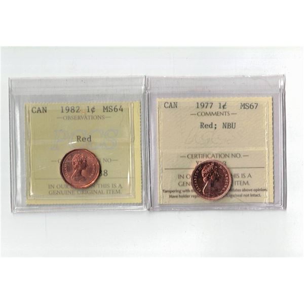 ICCS 1977 1¢ MS67 NBU, PCCS 1982 1¢ MS64,  Professional Coin Certification System