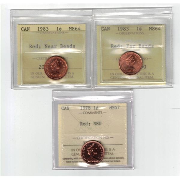 ICCS 1978 1¢ MS67 NBU , PCCS 1983 1¢ MS64 Near & Far Beads, Professional Coin Certification System