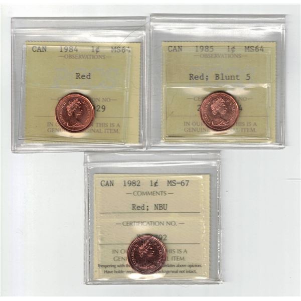 ICCS 1982 1¢ MS67 NBU, PCCS 1984-85 Blt5 1¢ MS64 ,  Professional Coin Certification System