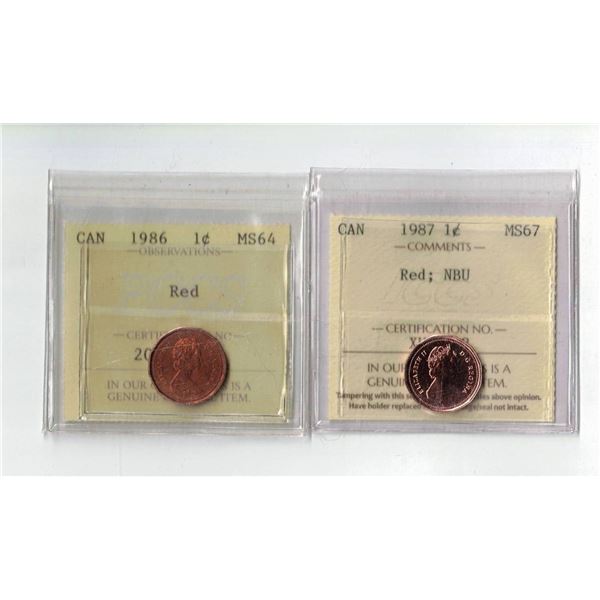 ICCS 1987 1¢ MS67 NBU, PCCS 1986 1¢ MS64 ,  Professional Coin Certification System