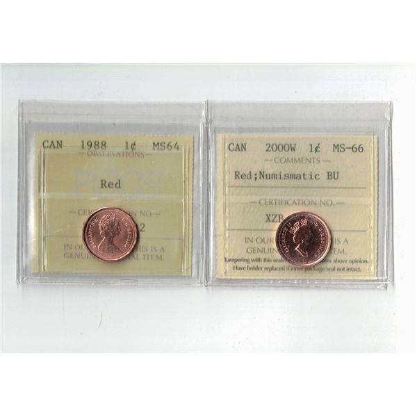 ICCS 2000W 1¢ MS66 NBU , PCCS 1988 1¢ MS64, Professional Coin Certification System