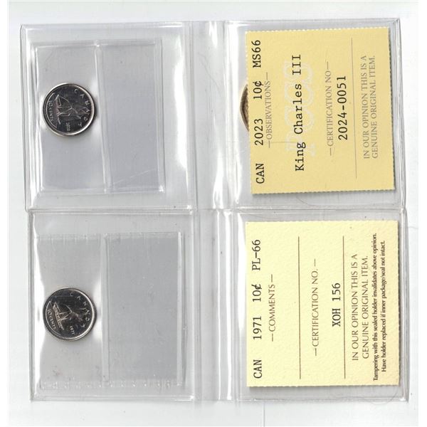 PCCS 2023 10¢ MS66, ICCS 1971 10¢ PL66  Professional Coin Certification System