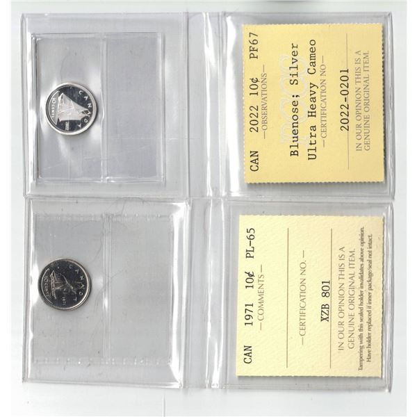 PCCS 2022 10¢ PF67, ICCS 1971 10¢ PL65  Professional Coin Certification System