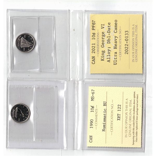 PCCS 2021 10¢ PF67, ICCS 1990 10¢ MS67 NBU Professional Coin Certification System
