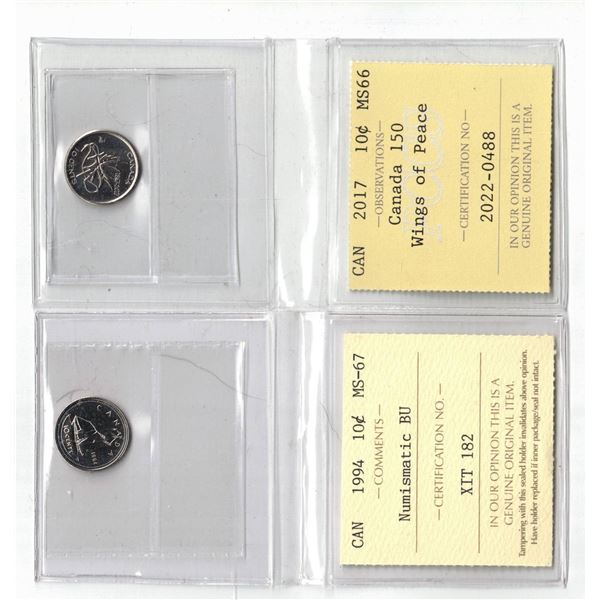 PCCS 2017 Canada 150, 10¢ MS66, ICCS 1994 10¢ MS67 NBU  Professional Coin Certification System