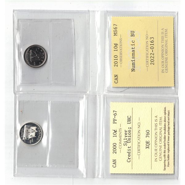 PCCS 2010 10¢ MS67 NBU, ICCS 2000 10¢ PF67  Professional Coin Certification System