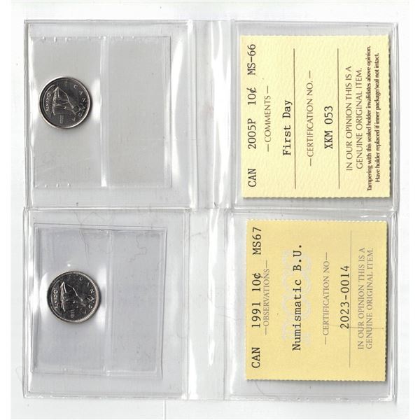 PCCS 1991 10¢ MS67 NBU, ICCS 2005P 10¢ First Day MS66  Professional Coin Certification System