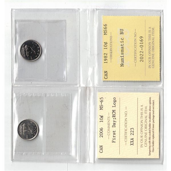 PCCS 1982 10¢ MS66 NBU, ICCS 2006 10¢ First Day MS65  Professional Coin Certification System