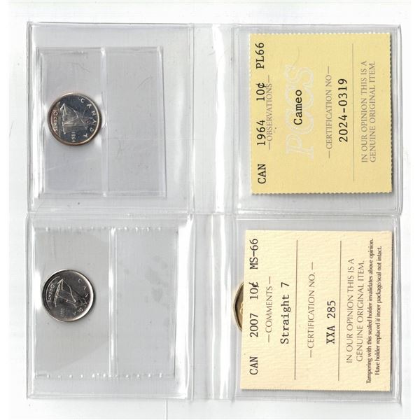 PCCS 1964 10¢ PL66 Cameo, ICCS 2007  10¢ MS66 Straight 7  Professional Coin Certification System