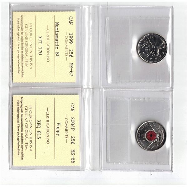 ICCS 1999 25¢ MS67 NBU, PCCS 2004P 25¢ MS66 ,  Professional Coin Certification System