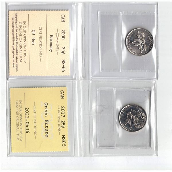 ICCS 2000 25¢ MS66, PCCS 2017 25¢ MS65 ,  Professional Coin Certification System