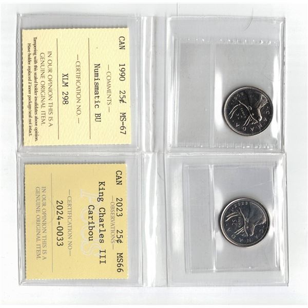 ICCS 1990 25¢ MS67 NBU, PCCS 2023 25¢ MS66 ,  Professional Coin Certification System