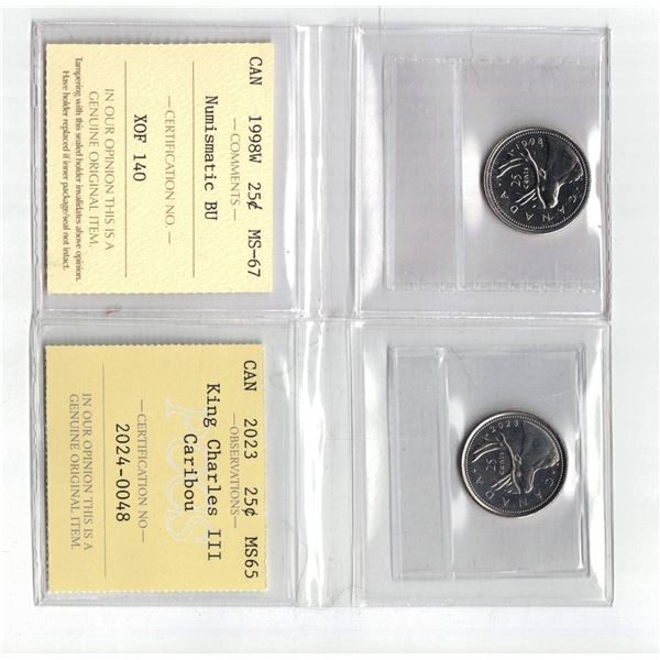 ICCS 1998 25¢ MS67 NBU, PCCS 2023 25¢ MS65 ,  Professional Coin Certification System