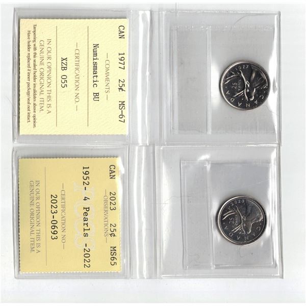 ICCS 1977 25¢ MS67 NBU, PCCS 2023 25¢ MS65; 4 Pearls,  Professional Coin Certification System