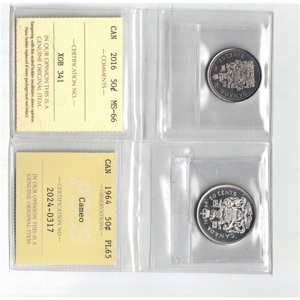 ICCS 2016 50¢ MS66, PCCS 1964 50¢ PL65,  Professional Coin Certification System