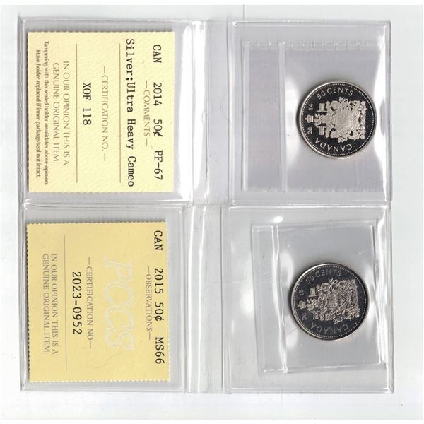 ICCS 2014 50¢ PF67, PCCS 2015 50¢ MS66,  Professional Coin Certification System