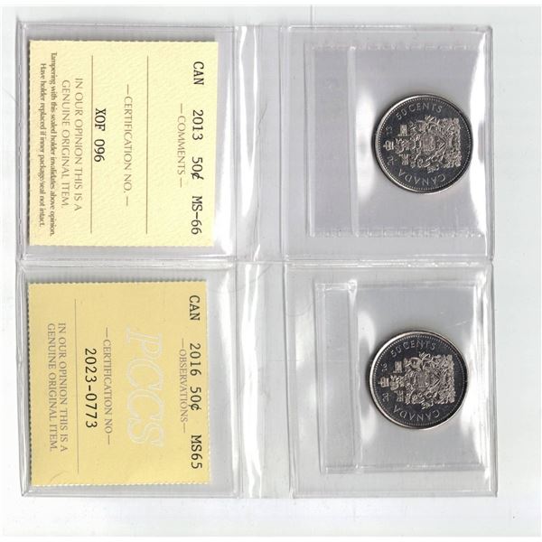 ICCS 2013 50¢ MS66, PCCS 2016 50¢ MS65,  Professional Coin Certification System