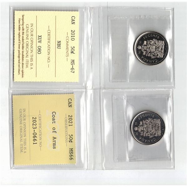 ICCS 2010 50¢ MS67 NBU, PCCS 2021 50¢ MS66, Professional Coin Certification System