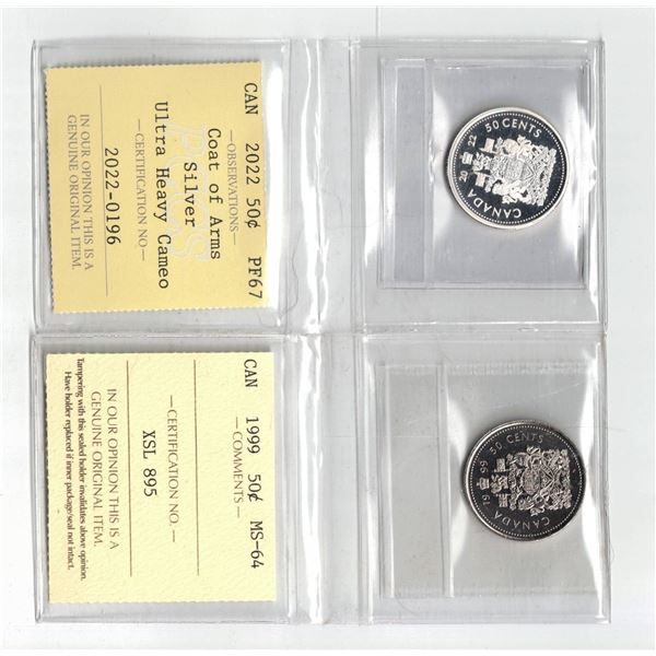 ICCS 1999 50¢ MS64, PCCS 2022 50¢ PF67,  Professional Coin Certification System