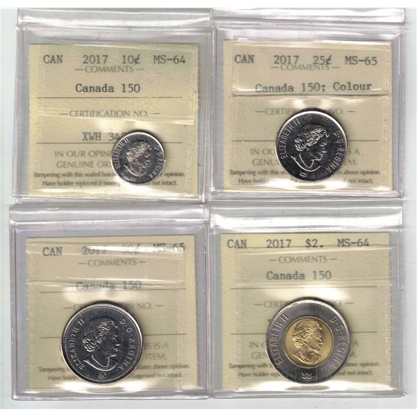 ICCS Canada 150, 2017 MS-64, 10¢,50¢,$2, MS65 25¢ Color