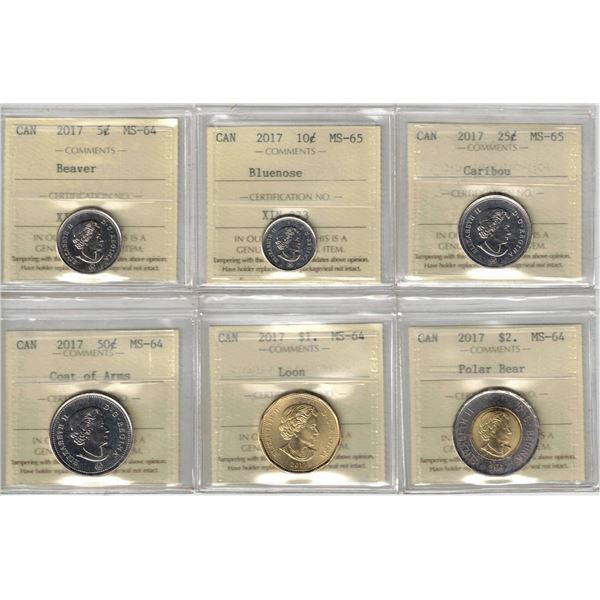 ICCS 2017 MS-64, 5¢, 50¢, $1. ,$2. ,MS65 10¢, 25¢