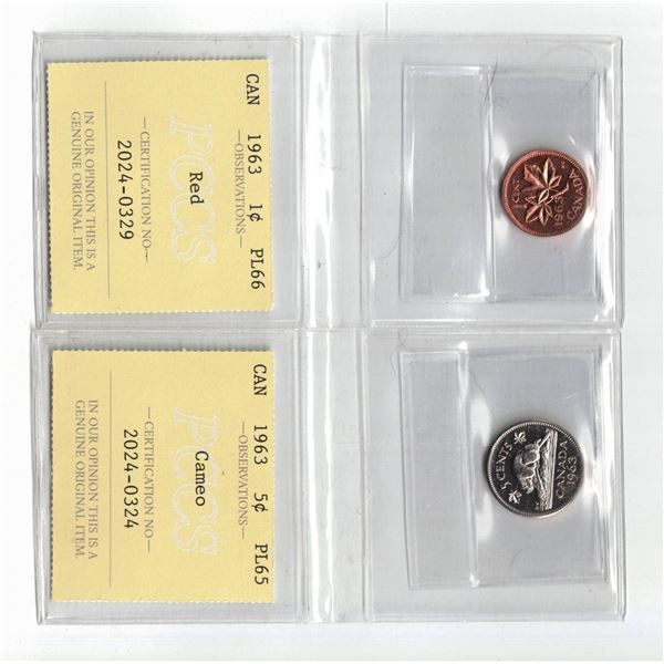PCCS 1963 Canada 5¢ PL65 Ca, 1¢ PL66 Red Professional Coin Certification System