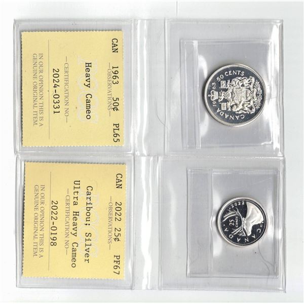 PCCS 1963 Canada 50¢ PL65 Heavy Ca, 2022 25¢ PF67 Red Professional Coin Certification System