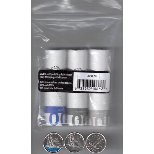 2021 Canada 10 cent 3 x Special Wrap Roll Collection, 100th Ann. Bluenose