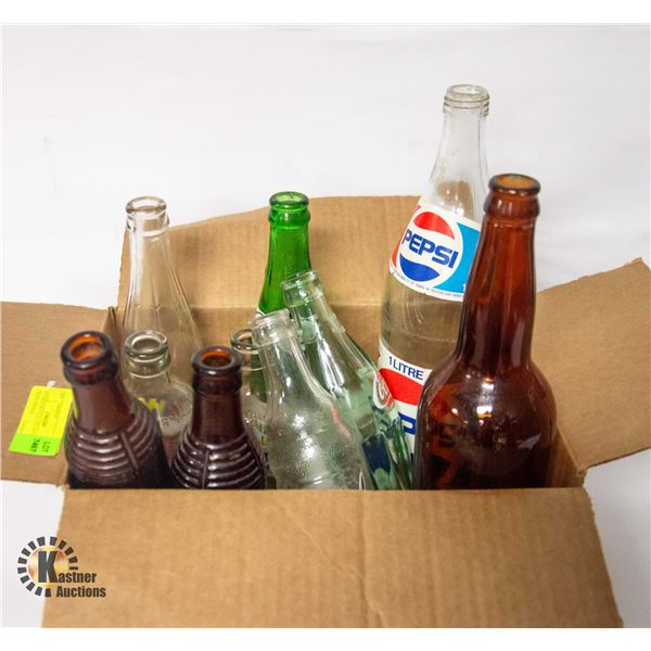ANTIQUE BOTTLE LOT INCL. COKE, CRUSH, PEPSI &