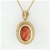 Image 4 : Vintage 14k Gold Oval Cabochon Coral Open Beaded Frame Pendant w/ Chain Necklace